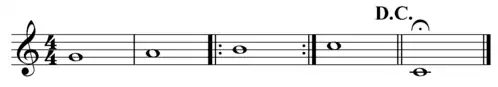Příklad použití D.C. al FIne. Noty budou zahrány takto: G A H H C2, G A H H C2, C1