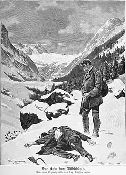 Podle originálu Augusta Dieffenbachera (Tirol und Vorarlberg): Das Ende des Wildschützen (Konec pytláka), 1894