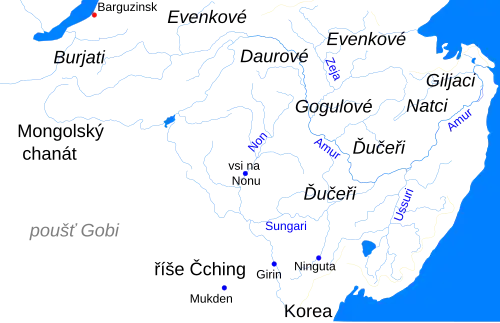 Mapa Zabajkalska a Poamuří s uvedenými jmény kmenů a státních celků necházejících se v regionu. A sice Burjati a Evenkové v Zabajkalí, Dauři, Gogulové, Ďučeři, Natci a Giljaci od horního k dolnímu toku Amuru a Evenkové severně od Amuru. Ze států jsou uvedeny říše Čching (v jižním Mandžusku), Mongolský chanát (východní Mongolsko) a Korea (její severovýchodní cíp).