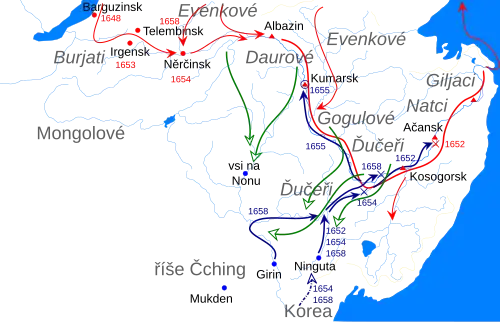 Mapa Zabajkalska a Poamuří s vyznačenými směry pohybu Rusů (ze severu do Zabajkalí a k Amuru, podél Amuru, od ústí Amuru po moři na sever), Čchingů (z Ninguty a Girinu po Sungari na sever k Amuru) a amurských kmenů (od Amuru na jih k řekám Non a Sungari)