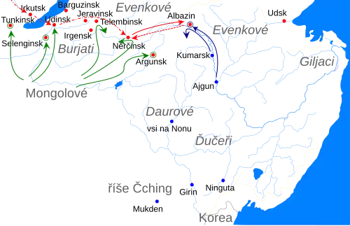 Mapa Zabajkalska a Poamuří s vyznačenými směry pohybu Čchingů (z Ajgunu po Amuru k Albazinu) a nájezdy Mongolů na ruské ostrohy v Zabajkalí