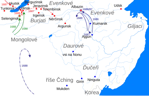 Mapa Zabajkalska a Poamuří s vyznačenými směry pohybu Čchingů (z Ajgunu po Amuru k Albazinu a jeho obležení a zpět, z Číny do Mongolska a zpět); útoky Mongolů – obležení Selenginsku a postup na Udinsk; postup ruského Golovinova pluku ze západu přes Irkutsk do Udinska, část až do Něrčinska