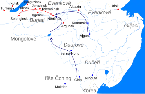 Mapa Zabajkalska a Poamuří s vyznačenými směry pohybu Čchingů (z Ajgunu po Amuru a Šilce k Něrčinsku a od Nonu přes Dalaj núr k Něrčinsku) a Golovinova vojska (od Selenginska k Něrčinsku)