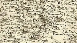 Deštnice (označená jako Teschnitz) na Müllerově mapě z roku 1720