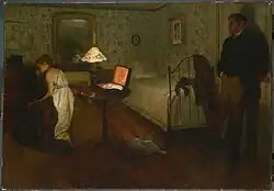 Interiér Edgar Degas, mezi 1868 a 1869, olej na plátně (vyloženo jako úzkostná svatební noc podle novely Émila Zoly)