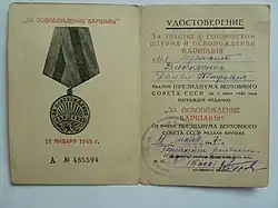 Dekret k medaili Za osvobození Varšavy udělený v roce 1947