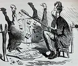 Léo Delibes opéká Býka Apise, karikatura Chama z května 1865