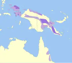 Schematická mapka zobrazující areál rozšíření stromových klokanů – čím tmavší fialová, tím větší druhová diverzita