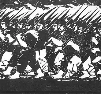 Dóžovi pěšáci na dřevořezu Gyuly Derkovitse