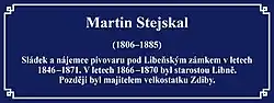 Deska starosty Prahy-Libně Martina Stejskala, umístěná pod názvem jeho ulice v Praze-Libni.