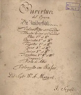 Titulní strana předehry Mozartovy opery Kouzelná flétna, opis z bohaté hudební sbírky berounského děkana Jana Antonína Seydla, kol. 1800