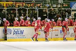 Hráči Dijonu oslavují vstřelený gól během domácího zápasu, 2016