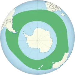 Mapa jižních moří s rozšířením druhu (zeleně)