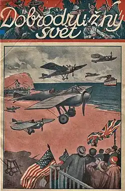 Obálka prvního čísla prvního ročníku edice z roku 1927 s románem Arnoulda Galopina Aeroplánem kolem světa.