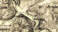 Údolí Střely, zatopené vodami žlutické přehrady. Mlyňany (Lindles) jsou na mapě z 19. století vlevo dole