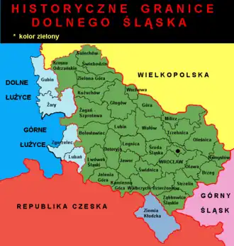 Historické hranice Dolního Slezska (včetně Krosenska odpadlého v roce 1482, ale bez Nisy a Kluczborku). Zvlášť vyznačeno Kladské hrabství a „slezská“ Lužice.