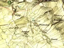 Domkov, ležící západně od Provodova a Šonova, na mapě z poloviny 19. století