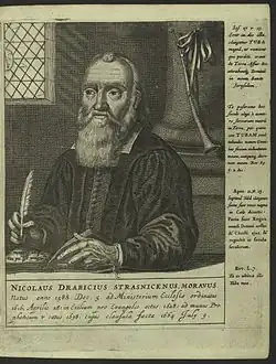 Mědirytinový portrét z knihy Lux e tenebris z r. 1665 obsahující Drabíkova proroctví a vize