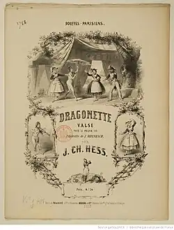 Dragonette, valčík aranžovaný Jeanem-Charlesem Hessem z melodií stejnojmenné operety, titulní strana se scénami z Dragonette (1857)