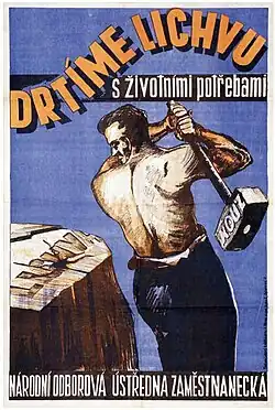 Agitační plakát nabádající dělnictvo k boji proti lichvě (1941)