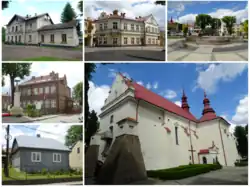 Ve směru hodinových ručiček z levého horního rohu: nádraží, družstevní banka, kašna na náměstí, kostel sv. Vavřince, dřevěný dům na ulici Piłsudskiego 198, úřad gminy