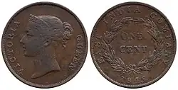 Jednocentová mince z roku 1845 (královna Viktorie)