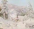 Pohled na zasněžený Garmisch-Partenkirchen s Alpspitze a Zugspitze, olej na plátně (kolem 1926)
