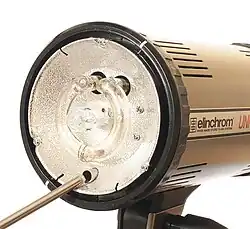 Držák deštníku prochází zábleskovou hlavou, pohled zepředu