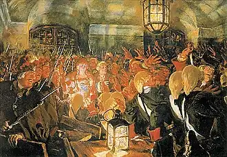 Vojáci preobraženského pluku vyhlašují v Zimním paláci Alžbětu Petrovnu carevnou.