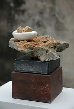 Prezentace Stone V (20x20x30 cm), glazovaná kamenina, porcelán, fosilní vápenec, korálový kámen a ocel, 2004
