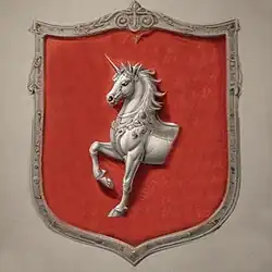 Možná varianta erbu rodiny Šmerovských z Lidkovic z roku 1651, kteří nosili stříbrného půl–jednorožce v červeném poli