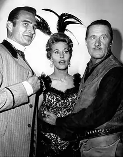 Photo of Eric Fleming as Gil Favor and guest stars Lola Albright and Allyn Joslyn from the television program Rawhide.
