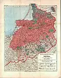 Jazyková mapa Východního Pruska z roku 1907 (údaje z roku 1900). Převážně litevskojazyčné obce jsou vyznačeny modrou (0 až 25 % německojazyčného obyvatelstva) a světlešedou (25 až 50 procent germanofonních).