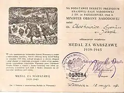 Legitimace potvrzující udělení Medaile za Varšavu 1939–1945