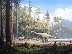 Umělecká kresba znázorňující les svrchnějurského období. Ve středu znímku je vyobrazeno několik dinosaurů