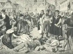 Poprava tří mládenců, kteří se prohřešili proti hlasatelům odpustků (malba J. F. Hetteše z roku 1894)