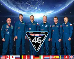 Zleva Scott Kelly, Sergej Volkov, Michail Kornijenko, Timothy Kopra, Timothy Peake a Jurij Malenčenko