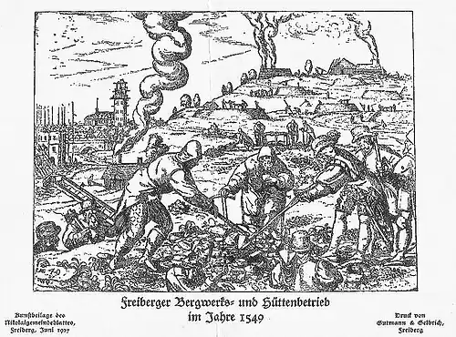 Černobílá reprodukce grafického listu s postavami horníků a hutníků s hutěmi, ze kterých se zvedá kouř