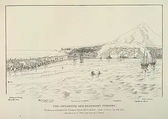 Rypouši na pláži, na pozadí lovci s kopími a jejich stany (Henry Wood Elliott, 1887)
