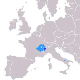 mapa rozšíření (tmavě modrá – úřední jazyk)