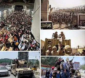 Ve směru hodinových ručiček zleva nahoře: Afghánci prchající z kábulského letiště na palubě amerického Boeingu C-17 Globemaster III, američtí námořníci asistující na evakuačním kontrolním stanovišti na mezinárodním letišti Hámida Karzaje, koaliční vojáci asistují dítěti během evakuace, ozbrojení bojovníci Tálibánu v Kábulu, bojovníci Tálibánu na palubě ukořistěného Humvee