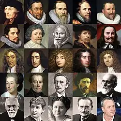 1. řada: Erasmus • Vilém I. Oranžský • Johan van Oldenbarnevelt • Mořic Oranžský • Piet Heyn 2. řada: Grotius • Frederik Hendrik Oranžský • Jan Leeghwater • Rembrandt • Michiel de Ruyter 3. řada: Johan de Witt • Spinoza • Christiaan Huygens • Vilém III. Oranžský • Antoni van Leeuwenhoek 4. řada: Belle van Zuylen • Thorbecke • Multatuli • Vincent van Gogh • Johannes van der Waals 5. řada: Hendrik Lorentz • Aletta Jacobsová • Vilemína • Willem Drees • Johan Cruyff