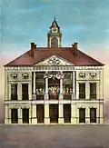 Prezidentská přísaha George Washingtona na balkoně původní Federal Hall. Tehdejší velké shromáždění lidu není na litografii z roku 1790 od Amose Doolittlea zachyceno.