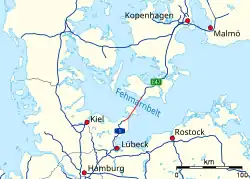 Mapa plánovaného spojení na dánsko-německém systému dálnic