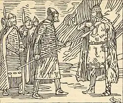 Finn Árnesson čelí Thorirovi Hundovi ilustrace Gerharda Muntheho