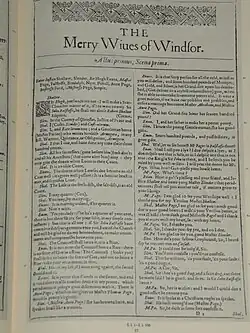 Faksimile první strany Veselých paniček windsorských z vydání z roku 1623