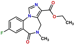 Chemická struktura flumazenilu, obsahujícího imidazolový kruh propojený na pozicích 1 a 2, methylovou skupinu na pozici 4, kyslíkový atom na pozici 5 a atomu fluoru na pozici 7.