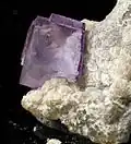 Krystal fluoritu (fialový) v kalcitu (bílý)