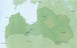 Mapka průběhu toku v Litvě a v Lotyšsku