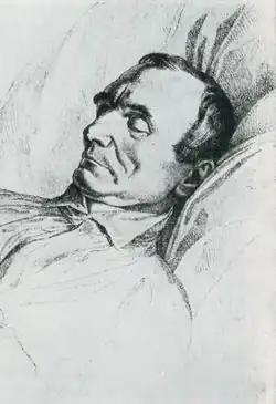 Josef Mánes: František Tkadlík na smrtelné posteli (litografie, 1840)